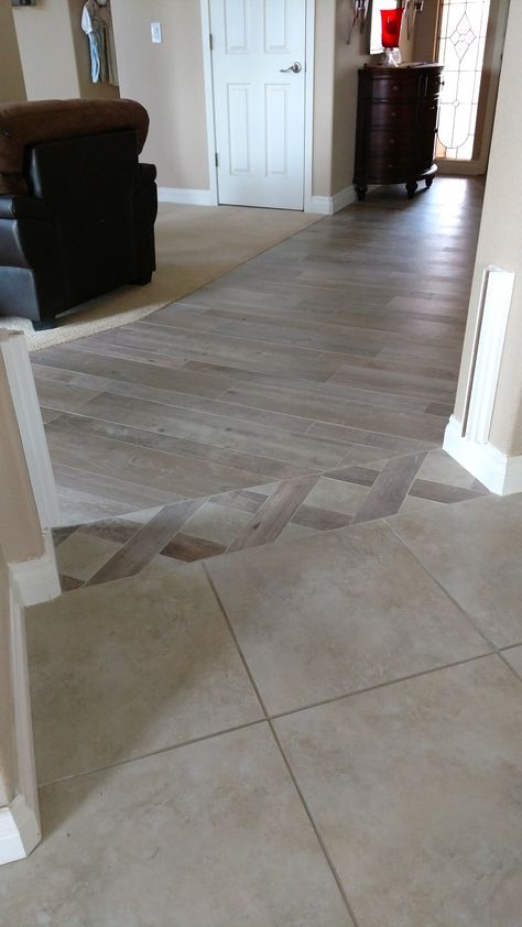 Tile transition from family room to kitchen. Tile To Wood Transition, Tile Transition, Transition Flooring, Living Room Tiles, Wood Tile Floors, Floor Tile Design, Room Tiles, Best Flooring, Kitchen Floor Tile