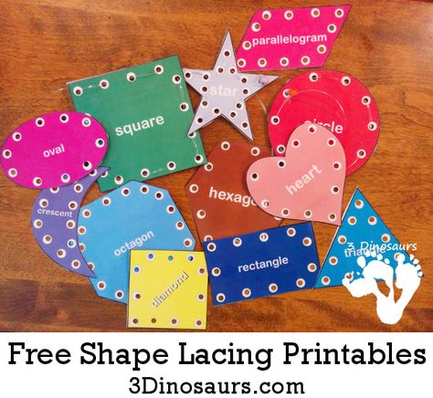 These FREE Lacing Shape Printables are the perfect way to practice and learn shapes while working on fine motor skills, too. Click he Diy Lacing Cards, Shape Printables, Sewing Printables, Shapes Lessons, Fine Motor Activities For Kids, Printable Shapes, Lacing Cards, Pattern Worksheet, Preschool Resources