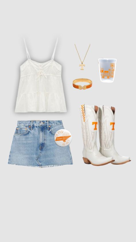 tennessee utk gameday football outfit ootd inspo sec fall sorority college Fall Football Outfit, College Football Game Outfit, College Football Gameday, Rush Week Outfits, Football Outfit, College Gameday Outfits, Gameday Outfits, Custom Jean Jacket, Tennessee Football