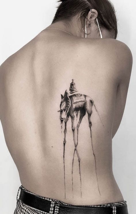 Surreal Animal Tattoo, Tattoos Inspired By Art History, Surreal Portrait Tattoo, Salvador Dali Elephant Tattoo, Dali Inspired Tattoo, Best Tattoo Artists In The World, Satire Tattoo, Salvador Dali Tattoos, Surealism Tattoo Ideas