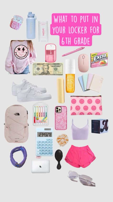 6th Grade Locker Ideas, Preppy Locker, 6th Grade Backpacks, Locker Essentials, School Locker Organization, School Locker Decorations, Middle School Lockers, Middle School Essentials, Locker Ideas