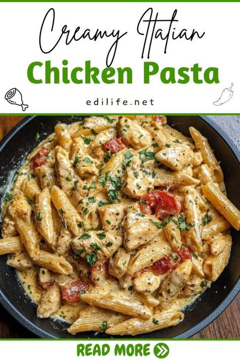 French Country, Cottage & Farmhouse | # This **Creamy Italian Chicken Pasta** is packed with flavor, featuring tender chicken, sun-dried tomatoes, and a rich, cheesy sauce | Facebook Chicken Pasta Tomato, Creamy Italian Chicken Pasta, Creamy Chicken Spaghetti Recipe, Greek Chicken Pasta, Sundried Tomato Chicken, Italian Chicken Pasta, Chicken Stock Recipe, Creamy Italian Chicken, Country Cottage Farmhouse