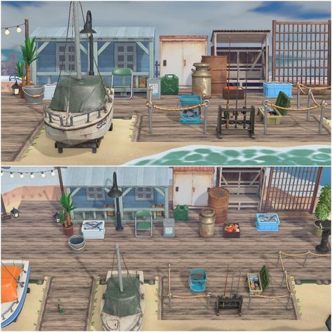 Fishing Port Animal Crossing, Acnh Fishing Pier, Animal Crossing Yacht Ideas, Yatch Ideas Acnh, Acnh Yacht Club, Acnh Shipping Port, Acnh Yacht Dock Ideas, Acnh Citycore Beach, Acnh New England Coastal