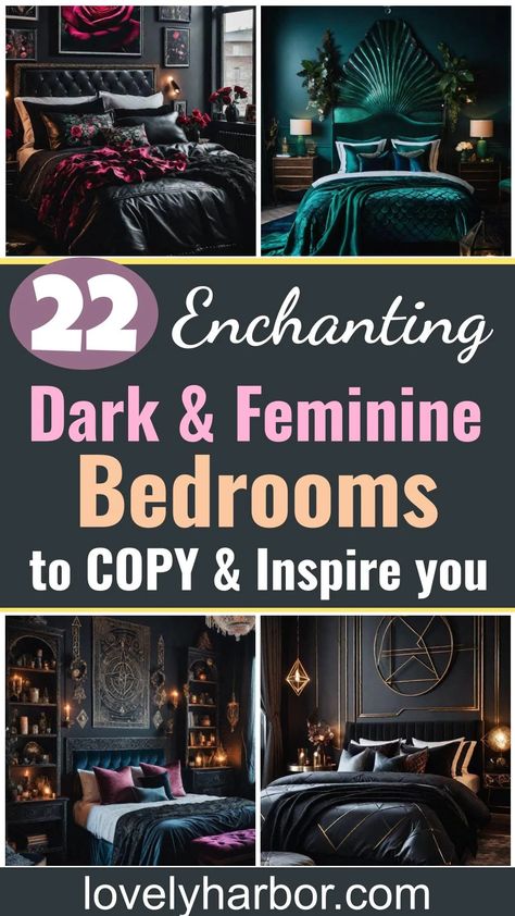 22 Enchanting Dark Feminine Bedroom Ideas to Inspire You 2 Moody Bedrooms Jewel Tones, Dark Moody Feminine Bedroom, Mauve And Black Bedroom, Moody Small Bedroom, Black And Purple Bedroom Ideas, Moody Purple Bedroom, Dark Floral Bedroom, Dark Purple Bedroom Ideas, Deep Purple Bedroom