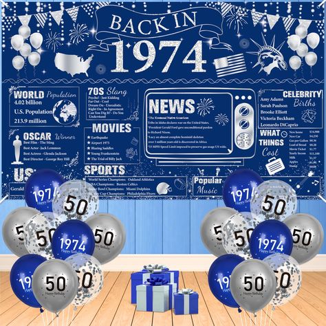 PRICES MAY VARY. 【BACK IN 1974 Theme】Blue and silver 50th birthday decorations for men and women are beautifully and clearly printed with classic colors, and full of birthday theme elements and specific historical text with exquisite patterns. Blue back in 1974 banner is eye-catching and elegant. 【Large Size】You will get 1pc vintage BACK IN 1974 birthday banner, measuring 180 x 110 cm/ 70.8 x 43.3 inches, which is large enough for your 1974 50th birthday party. Our blue 50th birthday decorations 60th Birthday Banner, 90th Birthday Decorations, 80th Birthday Decorations, 60th Birthday Decorations, Birthday Decorations For Men, 50th Birthday Decorations, 90's Birthday Party, 40th Birthday Decorations, 80th Birthday Party