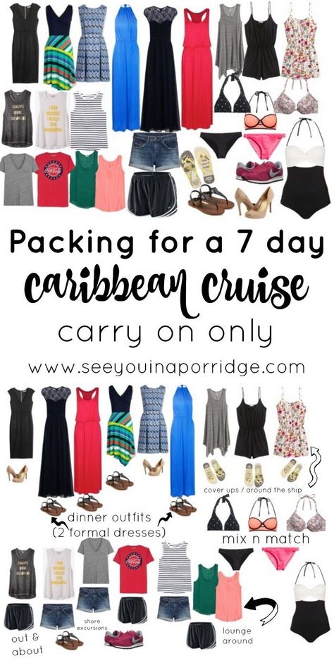 (Over) packing for a 7 day Caribbean cruise using just a carry on - this could be used for any beach or summer vacation though! Cruise Outfits Caribbean, Travel Outfit Spring, Cruise Attire, Carribean Cruise, Bahamas Cruise, Many Outfits, Packing For A Cruise, Chanel Cruise, Cruise Outfits