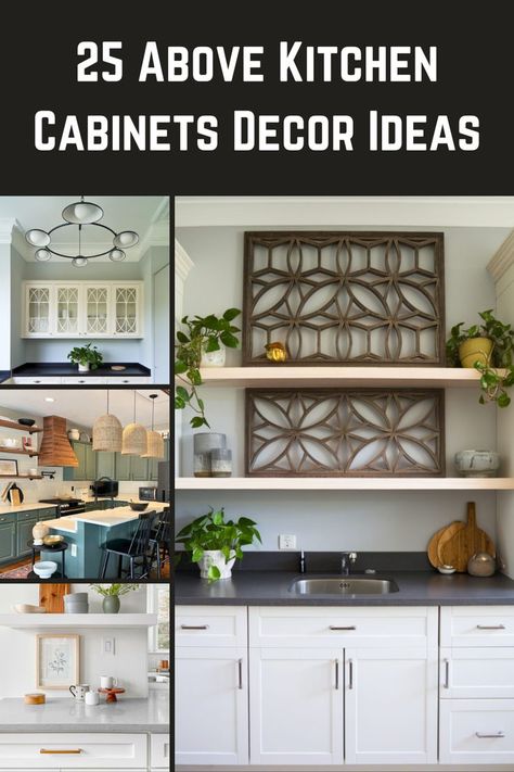 An image of a beautifully decorated kitchen with plants, baskets, and elegant vases displayed above the cabinets. How To Decorate Above Cabinets, Above Cabinet Decor Kitchen, Decorating Above Kitchen Cabinets Ideas, Above Cabinet Decor, Cabinet Decor Ideas, Kitchen Cabinet Decor, Kitchen Cabinets Decor Ideas, Space Above Kitchen Cabinets, Above Kitchen Cabinets