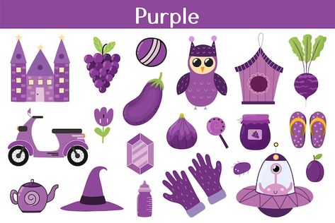 Purple Objects For Kids, Purple Things To Draw, Purple Objects, Learning Colors For Kids, Educational Background, Kids Worksheet, Colors For Kids, Purple Day, Purple Things