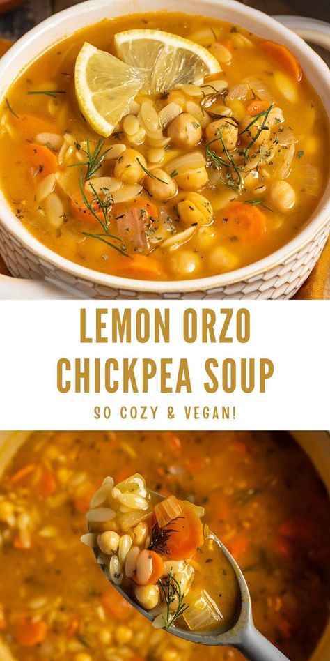 This Vegan Lemon Orzo Chickpea Soup is ridiculously cozy, comforting, & filling! It's packed with protein and fresh veggies for a vegan lemon soup you will crave on a chilly day. The best plant-based weeknight dinner recipe. Orzo Chickpea Soup, Vegan Lemon Orzo, Chickpea Orzo Soup, Orzo Chickpea, Chickpea Orzo, Lemon Chickpea, Chickpea Noodle Soup, Lemon Orzo Soup, Soup Video