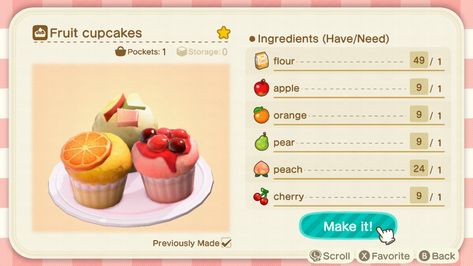 Animal Crossing Recipes Food, Animal Crossing Recipes, Acnh Recipes, Animal Crossing Food, Fruit Cupcakes, Anime Foods, Cooking Mama, Animals Crossing, Candy Girl