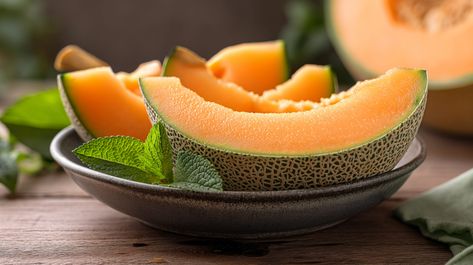 Freshly Sliced Cantaloupe Melon on Plate Bread Sticks, Melon, Food Art, Bread, For Free