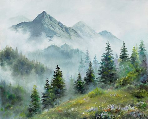 Misty mountains pine trees original oil painting. Transport yourself to a serene and enchanting forest of misty mountains with this stunning landscape painting. This work deftly captures the ethereal beauty of the mist as it gently embraces the towering trees and lush foliage. The soft, muted color palette adds to the dreamlike quality of the scene, evoking a sense of tranquility and peace. Hang this stunning piece in your home or office to create a relaxing atmosphere and bring a touch of natur Green Mountain Painting, Painting Foggy Forest, Montana Painting, Pine Forest Painting, Pine Trees Painting, Hallway Mural, Foggy Forest Landscape, Fantasy Woodland, Forest Oil Painting