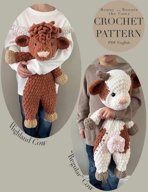 Crochet Plushies Pattern, Highland Cow Pattern, Easy Crochet Animals, Crochet Cow, Crochet Things, Haken Baby, The Cow, Blanket Yarn, Fun Crochet Projects