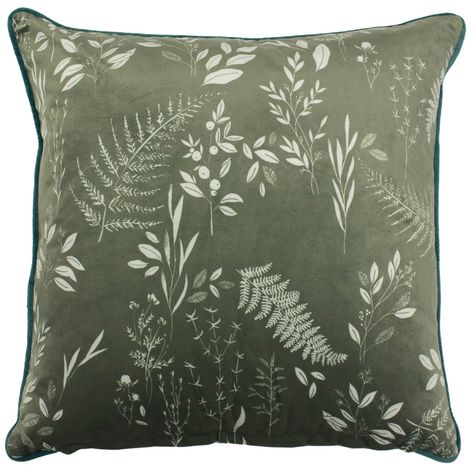 Fearne Botanical Print Velvet Sage Filled Cushions 20'' x 20'' - Polyester Pad - Ideal Textiles Round Cushion, Velour Fabric, Printed Cushions, Botanical Pattern, Velvet Cushions, Green Print, Botanical Print, Green Velvet, Soft Velvet