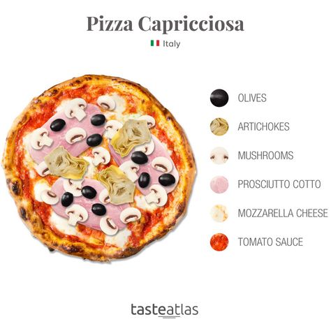 The toppings on this "capricious" pizza tend to vary from one region to another, but they most often include tomato sauce, mozzarella, mushrooms, artichokes, ham, and olives. Food Anatomy, Italian Pizza Toppings, Mozzarella Mushrooms, Taste Atlas, Pizza With Mozzarella, Pizza Menu Design, Pineapple On Pizza, Recipe For Pizza, Pizza Sandwich Recipe