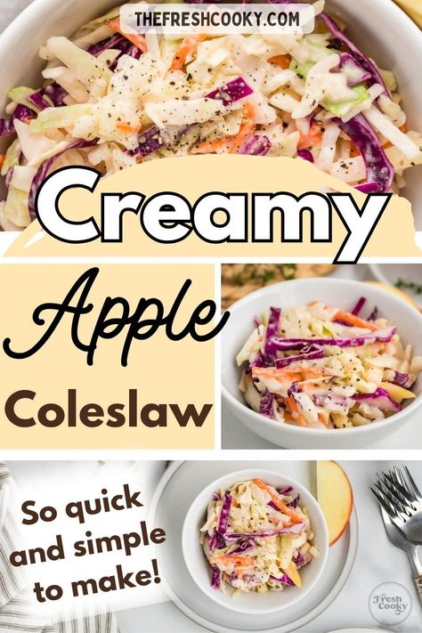 This Creamy Apple Coleslaw has to be one of the quickest, simplest dishes to make! Get the easy recipe from thefreshcooky.com #applecoleslaw #healthycolelsaw Cole Slaw With Apples, Apple Slaw Recipe, Apple Coleslaw Recipe, Bison Burger Recipe, Pork Sliders Recipes, Kids Dinners, Healthy Coleslaw Recipes, Coleslaw Recipes, Apple Coleslaw