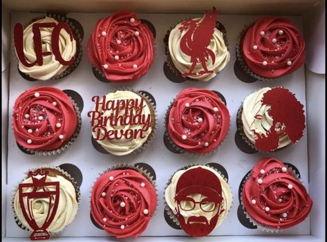 #lfc #liverpool #lfccupcakes #cupcakes #cupcakeideas Liverpool Cupcakes, Lfc Cake, Surprise Boyfriend, Birthday Surprise Boyfriend, Mo Salah, Baking Sweets, Liverpool Football, Birthday Surprise, Birthday Cupcakes