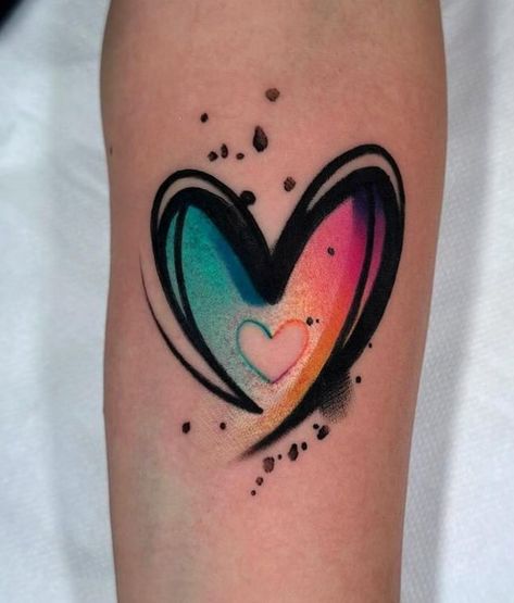 Watercolor Heart Tattoos For Women, Rainbow Prism Tattoo, Trash Polka Heart Tattoo, Love Inspired Tattoos, Small Colorful Tattoos For Women, Glitter Tattoo Ideas, Bright Colorful Tattoos, Miracle Tattoo, Watercolor Heart Tattoos