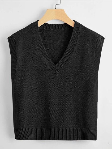 Black Knitted Vest, Alt Clothes, Sweater Vests, Korean Casual Outfits, Sweater Vest Women, Women Sweater, Knit Vest, Black Knit, Black Casual