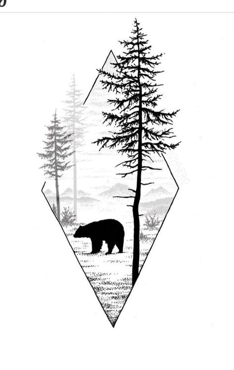 Bear Forest Tattoo Design, Small Beginner Tattoos Men, Bear Woods Tattoo, Bear In Woods Tattoo, Mountain Bear Tattoo, Bear Tattoo Drawing, Wood Tattoo Ideas, Bear Sketch Tattoo, Small Forest Tattoo