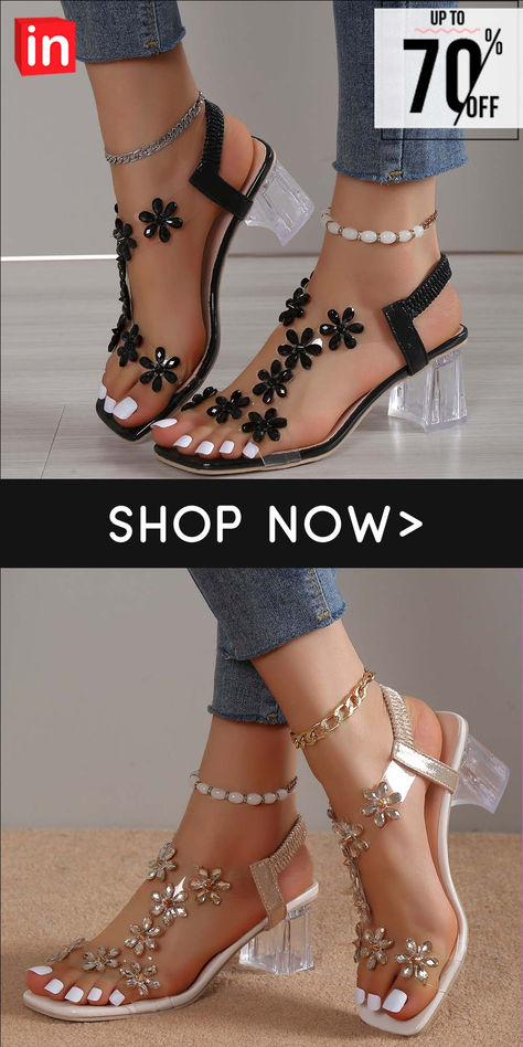 Women's Sandals Block Heel Sandals Clear Shoes Daily Beach Summer Flower Block Heel Chunky Heel Open Toe Sexy Classic Casual Faux Leather Patent Leather Loafer Elastic Band Floral Black Champagne Bridal Sandals Heels, Beach Plus Size, 2023 Summer Outfits, Fancy Sandals, Beach Wedding Shoes, Fairy Shoes, Pretty Sandals, Clear Shoes, Flower Sandals