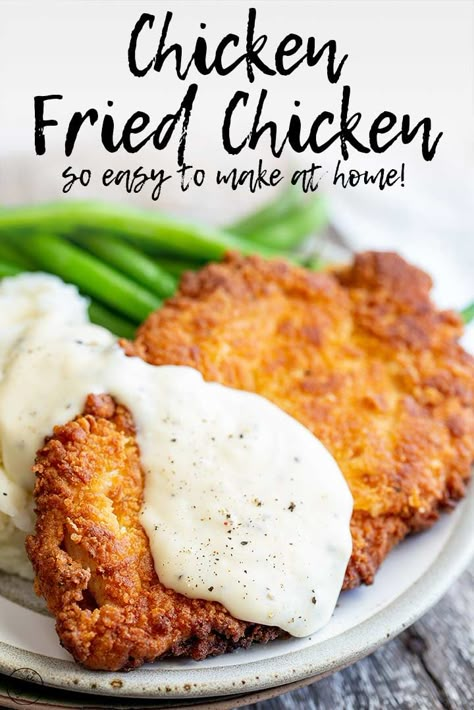 Southern Comfort Food Dinners, Fried Chicken With Gravy, Homemade White Gravy, White Gravy Recipe, Chicken With Gravy, Fried Chicken Breast Recipe, Country Fried Chicken, Chicken Fried Steak Recipe, Fried Steak Recipes