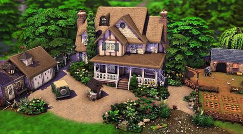 Sims 4 Farm Inspiration, Sims 4 Farm Landscape, Sims 4 Old Farmhouse, Sims 4 Cottage Living Farm, Large Family Cottage Sims 4, Pet Food Area, Sims Rooms, Sims Lots, Sims 4 Cottage