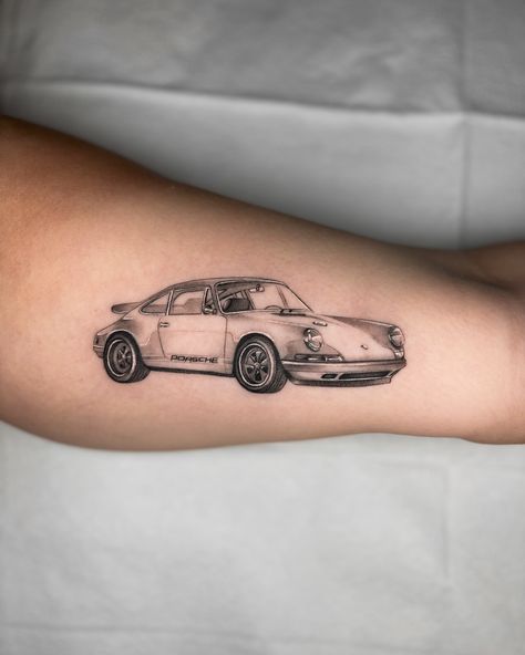 A little dreamy @porsche for Lauren ✨ This might be one of my top favorite car tattoos to date! Would be honored to do more in the future! Books open Sept 1st at noon 💞 📍 @nowforevertattoo // #cartattoo #microrealismtattoo #phillytattoo #3rl Porsche Tattoo, Artsy Tattoos, Tattoo Shading, Books Open, Car Tattoos, Lip Tattoos, At Noon, Realism Tattoo, Skin Art