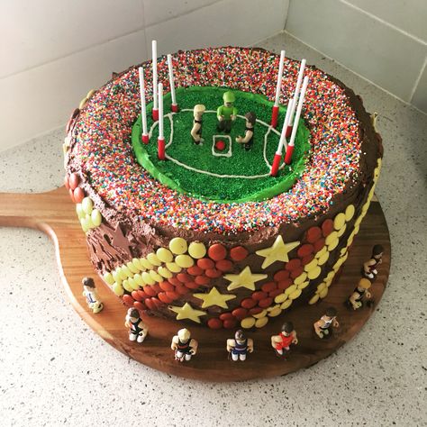 AFL football chocolate smarties piñata cake! Go Hawkes! Go Hawthorn! Footy Cake Ideas, Afl Football Cake, Afl Birthday Cake, Essendon Cake, Afl Cupcakes, Afl Cake, Footy Cake, Afl Party, Football Cake Design