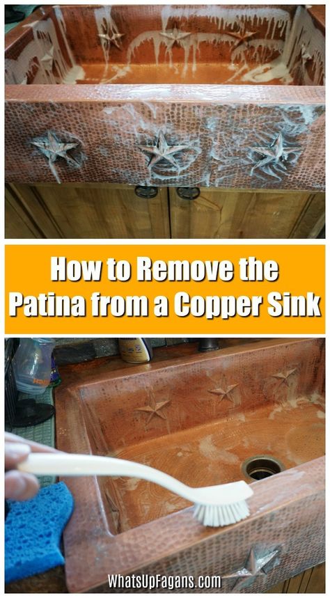 dirty copper sink being cleaned with copper sink cleaner in order to remove the copper patina Sink Care, Copper Sink Care, New Kitchen Sink, Sink Cleaner, Kitchen Sink Ideas, Clean Copper, Clean Hacks, Copper Sinks, Dusting Spray