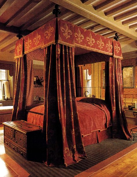 A medieval themed bedchamber. Medieval Bed, Medieval Bedroom, Small Lights, Royal Bed, Damask Decor, Harry James, Harry James Potter, Bedroom Red, Custom Drapes