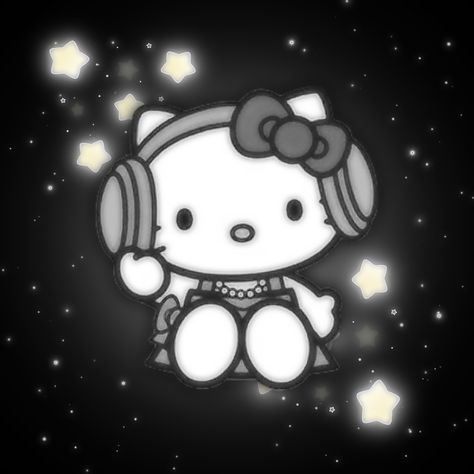 Black And White Y2k Aesthetic, Hello Kitty With Headphones, Emo Hello Kitty Pfp, White Y2k Aesthetic, Kitty With Headphones, Hello Kitty Aesthetic Grunge, Scene Hello Kitty, Kitty Black And White, Black And White Y2k