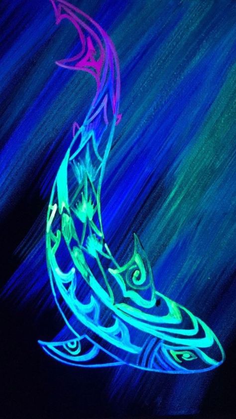 Blacklight Decor, Blacklight Paint, Neon Art Painting, Shark Painting, Neon Paint, Shark Design, Jellyfish Art, Polynesian Designs, Neon Painting