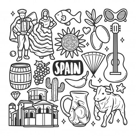 Spain icons hand drawn doodle coloring | Free Vector #Freepik #freevector #travel #icon #hand #line Travel Doodles, Zestaw Ikon, Hand Drawn Icons, Doodle Images, Doodle Coloring, Easy Doodles Drawings, Bullet Journal Doodles, Drawing Set, Journal Doodles