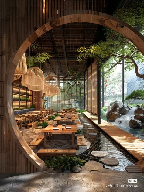 Restaurant Architecture Concept, Rustic Restaurant Interior Design Ideas, Cafe Restaurant Concept, Green House Restaurant, Tea Cafe Design, Zen Restaurant, Zen Cafe, Nature Restaurant, Courtyard Cafe