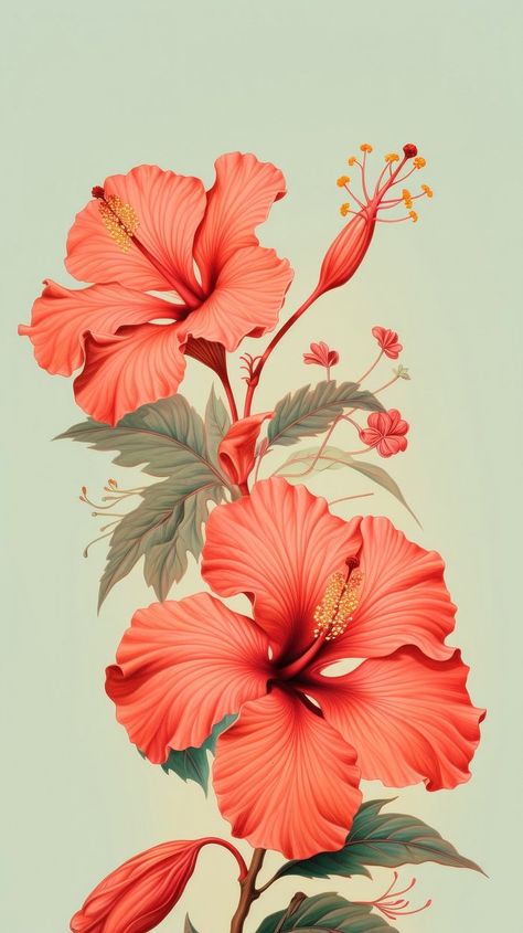 Vintage drawing red Hibiscus hibiscus | Premium Photo Illustration - rawpixel Red Colour Flower Wallpaper, Flower Backround, Iphone Wallpaper Tropical, Hibiscus Drawing, Hibiscus Wallpaper, Minimalist Iphone Wallpaper, Tropical Hotel, Aesthetic Mobile, Hotel Artwork