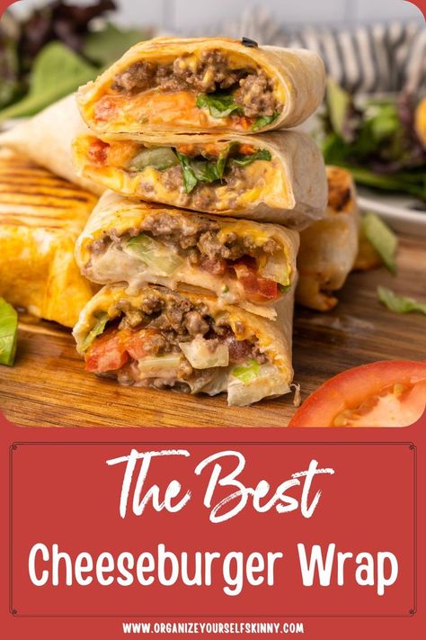 This cheeseburger wrap is filled with juicy ground beef, melted cheese, and all your favorite hamburger toppings. Adding it to the grill for a few minutes will add crunch to the burrito style burger giving it a delicious crunch wrap flavor! Once you serve this grilled tortilla burger wrap to your family, they will ask for it every night! The best healthy burger wrap recipe! Tortilla Burger, Cheeseburger Wrap, Burger Wrap, Hamburger Toppings, Cheeseburger Wraps, Clean Dinner Recipes, Crunch Wrap, Healthy Burger, Burger Toppings