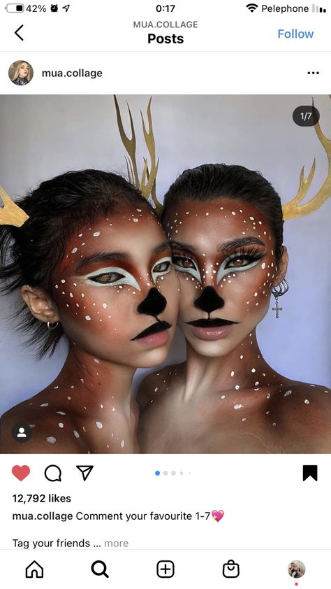 Realistic Deer Makeup, Faun Makeup Deer, Rain Deer Makeup, Rudolf Makeup, Animal Inspired Makeup, Deer Face Makeup, Animal Halloween Makeup, Rudolph Makeup, Halloween Deer Makeup