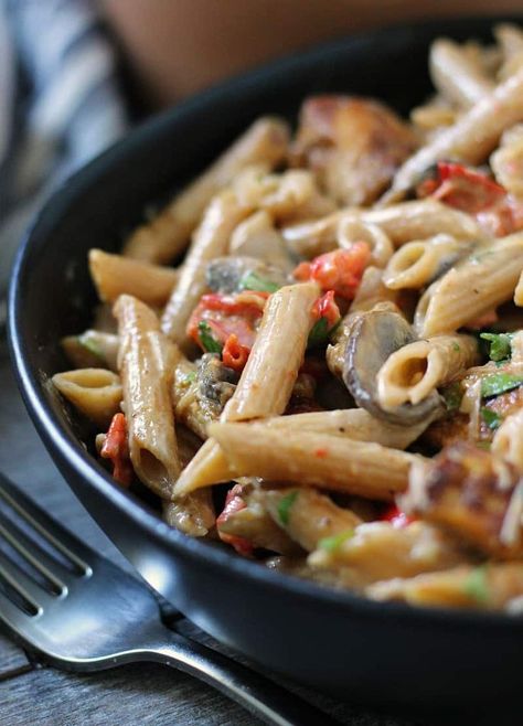 creamy cajun chicken pasta ~ cajun seasoned chicken bites, penne pasta, mushrooms, bell peppers in a creamy spicy alfredo sauce. Spicy Alfredo Sauce, Spicy Alfredo, Pasta Cajun, Creamy Cajun Chicken Pasta, Chicken Penne Pasta, Creamy Cajun Chicken, Louisiana Cooking, Cajun Chicken Alfredo, Asian Noodle Dishes