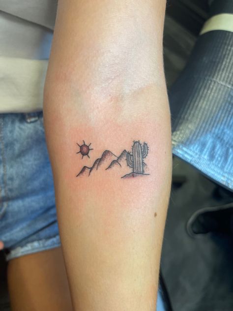 Cactus With Mountains Tattoo, Simple Arizona Tattoo, Cactus Wrist Tattoo, Cactus Mountain Tattoo, Arizona Mountain Tattoo, Sedona Arizona Tattoo, Simple Cactus Tattoo Outline, Mountain Cactus Tattoo, Mountain And Cactus Tattoo