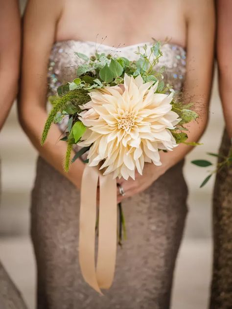 A bridesmaid holds this stunning enormous yellow flower with greenery. Cafe Au Lait Dahlia Bouquet, Bridesmaid Bouquet Ideas, Dahlia Bridal Bouquet, Dahlia Wedding Bouquets, Flower Girl Inspiration, Rustic Bohemian Wedding, Dahlias Wedding, Green Wedding Bouquet, Bridal Party Bouquets