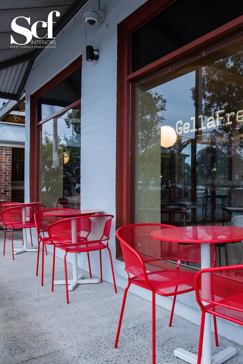 Funky Hi-Macs fiery red table tops make a statement at this local Italian restaurant. Red Patio Furniture, Red Cafe, Red Restaurant, Mexican Table, Restaurant Seating, Casual Restaurants, Arch Interior, Catering Ideas, Round Tables