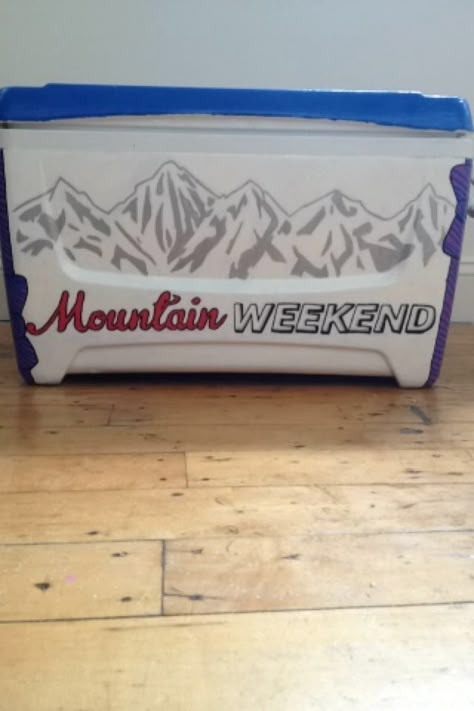 Coors Light Mountain Weekend Logo Skiing Cooler Painting, Frat Mountain Weekend Cooler, Frat Cooler Mountain Weekend, Pike Cooler, Frat Coolers Ideas, Mountain Weekend Cooler, Fraternity Cooler, Formal Coolers, College Crafts