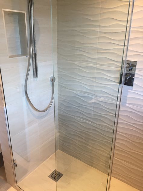 Wave Tile Shower Walls, Bathroom Wave Tile Ideas, White Ripple Tile Bathroom, Wave Bathroom Tile Shower Walls, Wave Tile Bathroom, Wave Bathroom Tile, Wave Shower Tile, Wavy Tile Shower Wall, Wavy Shower Tile