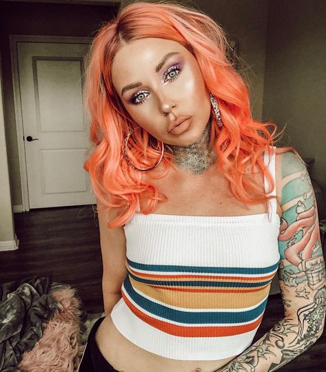 Electric Peach Hair, Red Peach Hair, Neon Peach Hair, Peach Hair Dye, Blorange Hair, Hair For Summer, Kristen Leanne, Pink And Orange Hair, Pale Blonde Hair