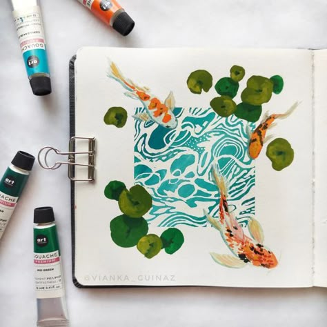 Watercolor With Masking Fluid, Koi Pond Watercolor, Masking Fluid Art, Koi Gouache, Koi Pond Drawing, Gouche Painting Ideas Easy, Vianka Guinaz, Masking Fluid Watercolor, Abstract Canvas Painting Acrylics