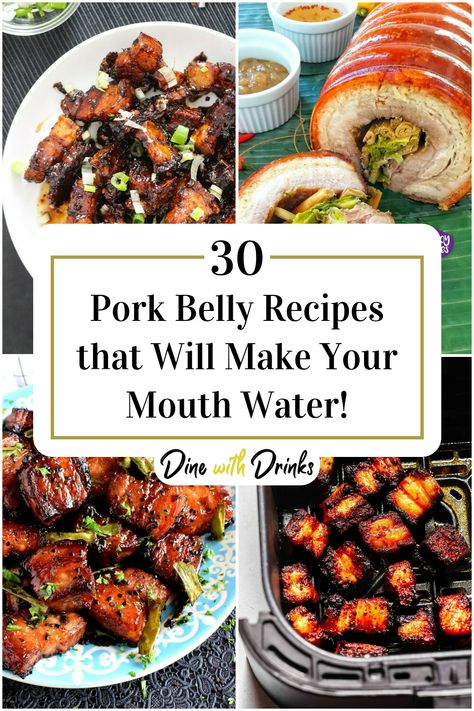 Collage of 4 pork belly recipes. Pineapple Pork Belly, Rolled Pork Belly Recipes, Quick Pork Belly Recipes, Pork Belly Dishes, Pork Belly Dinner Ideas, Fast Pork Belly Recipes, Sticky Pork Belly Recipes, Pork Belly Recipes Sandwiches, How To Cook Pork Belly