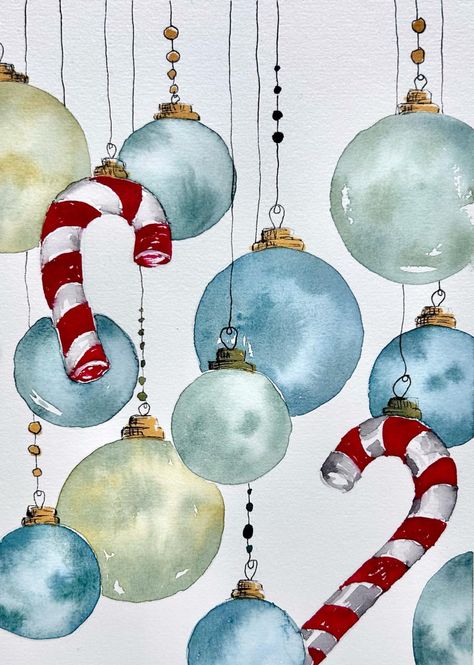 Aquarell Christmas, Christmas Art Painting, Artistic Christmas Cards, Sweet Candy Canes, Watercolor Ornaments, Watercolor Christmas Cards Diy, Christmas Art For Kids, Painted Christmas Cards, Tree Baubles