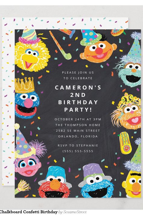 Sesame Street Pals Chalkboard Confetti Birthday Invitation Sesame Street 2nd Birthday Girl, Sesame Street First Birthday Girl, Elmo Birthday Party Girl, Sesame Street Birthday Invitations, Sesame Street Invitations, Party Chalkboard, Cookie Monster Party, 2nd Birthday Boys, Elmo Birthday Party