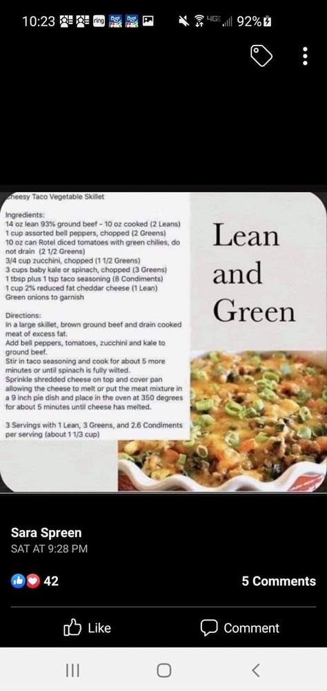 Cheesy Taco Vegetable Skillet, Vegetable Skillet, Taco Skillet, Cheese Taco, Taco Stuffed Peppers, Cheese Tacos, Lean And Green, Lean And Green Meals, Kale And Spinach